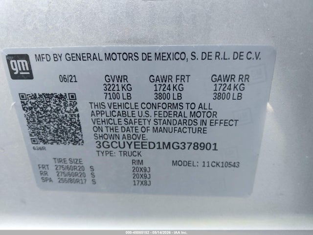 45085152 :رقم المزاد ، 3GCUYEED1MG378901 vin ، 2021 Chevrolet Silverado 1500 4wd  Short Bed Rst مزاد بيع