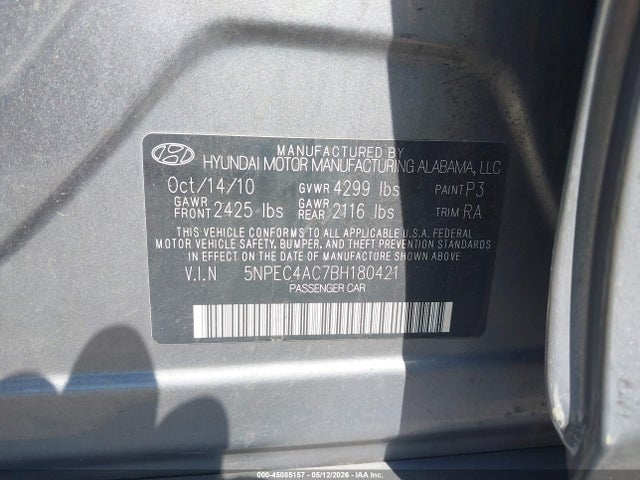45085157 :رقم المزاد ، 5NPEC4AC7BH180421 vin ، 2011 Hyundai Sonata Se مزاد بيع