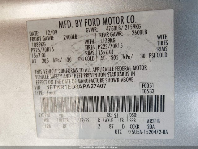 2010 Ford Ranger Xl/xlt მანქანა იყიდება აუქციონზე, vin: 1FTKR1ED8APA27407, აუქციონის ნომერი: 45085164