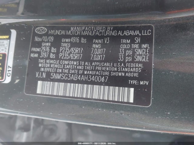 Aukcja sprzedaży 2010 Hyundai Santa Fe Gls, vin: 5NMSG3AB4AH340047, numer aukcji: 45085171