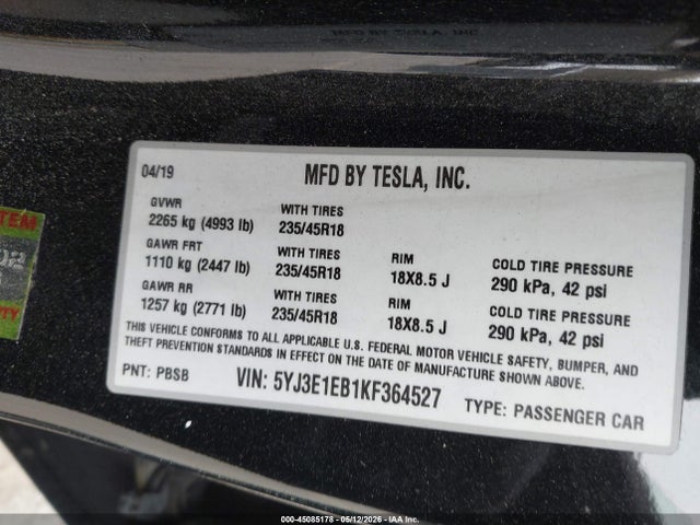 Aukcja sprzedaży 2019 Tesla Model 3 Long Range/performance, vin: 5YJ3E1EB1KF364527, numer aukcji: 45085178