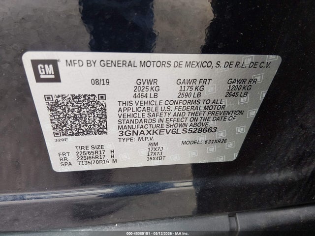 Продажа на аукционе авто 2020 Chevrolet Equinox Fwd Lt 1.5l Turbo, vin: 3GNAXKEV6LS528663, номер лота: 45085181