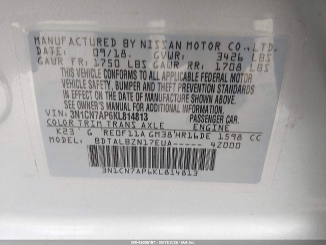 Aukcja sprzedaży 2019 Nissan Versa 1.6 Sv, vin: 3N1CN7AP6KL814813, numer aukcji: 45085187