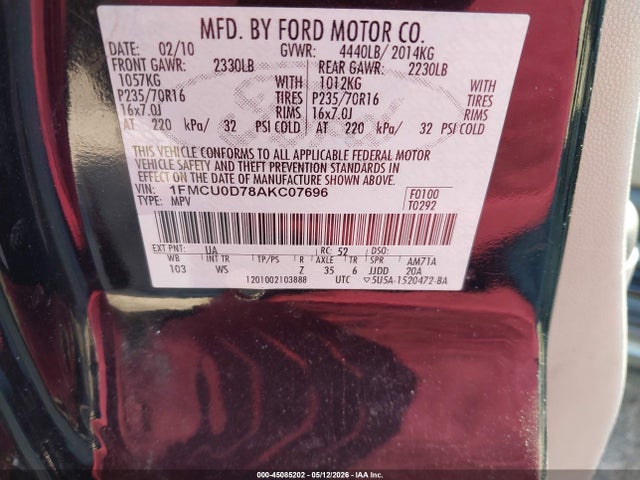 45085202 :رقم المزاد ، 1FMCU0D78AKC07696 vin ، 2010 Ford Escape Xlt مزاد بيع