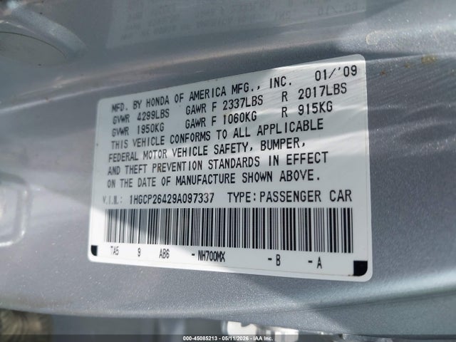 45085213 :رقم المزاد ، 1HGCP26429A097337 vin ، 2009 Honda Accord 2.4 Lx-p مزاد بيع