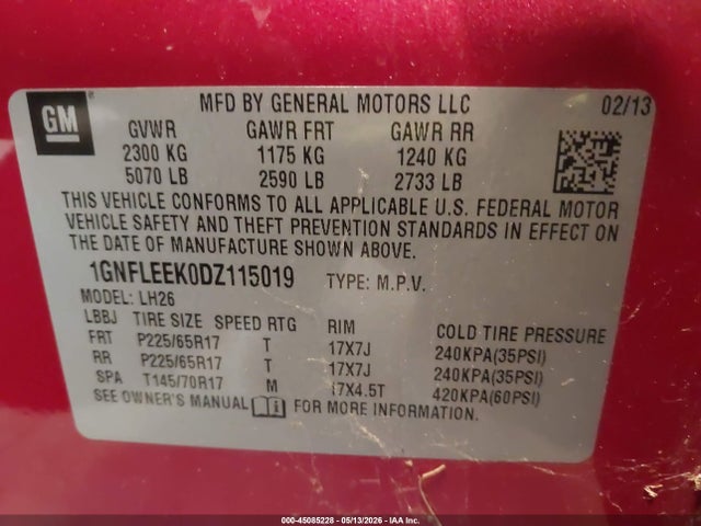 45085228 :رقم المزاد ، 1GNFLEEK0DZ115019 vin ، 2013 Chevrolet Equinox 1lt مزاد بيع