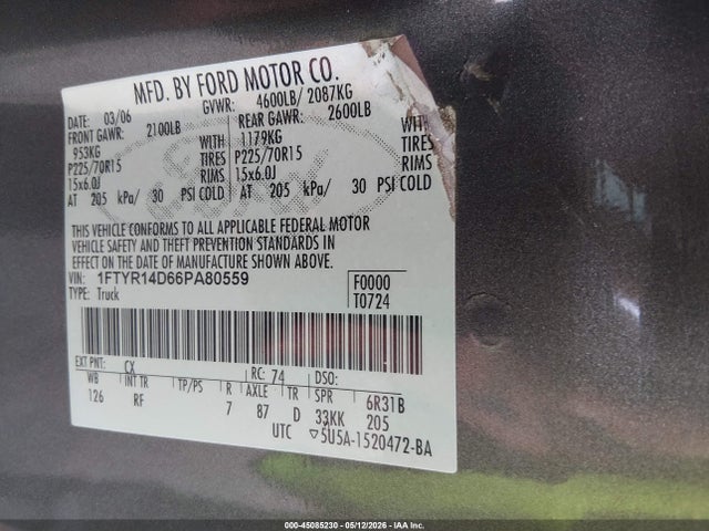 2006 Ford Ranger Xl/xlt მანქანა იყიდება აუქციონზე, vin: 1FTYR14D66PA80559, აუქციონის ნომერი: 45085230