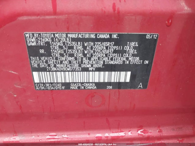 2012 Toyota Rav4 Base V6 მანქანა იყიდება აუქციონზე, vin: 2T3BK4DV9CW077353, აუქციონის ნომერი: 45085235