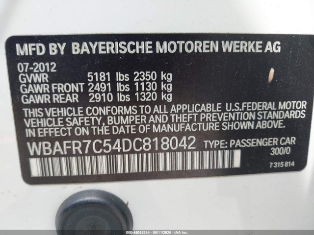 2013 Bmw 535i მანქანა იყიდება აუქციონზე, vin: WBAFR7C54DC818042, აუქციონის ნომერი: 45085244