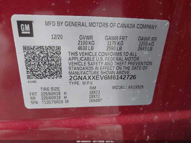 45085251 :رقم المزاد ، 2GNAXXEV6M6142726 vin ، 2021 Chevrolet Equinox Awd Premier مزاد بيع