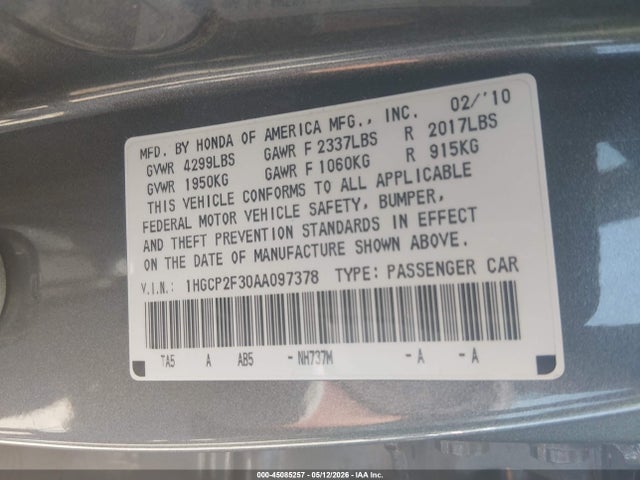 Aukcja sprzedaży 2010 Honda Accord 2.4 Lx, vin: 1HGCP2F30AA097378, numer aukcji: 45085257