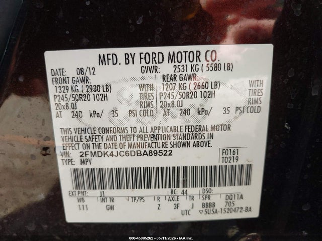 Aukcja sprzedaży 2013 Ford Edge Sel, vin: 2FMDK4JC6DBA89522, numer aukcji: 45085262