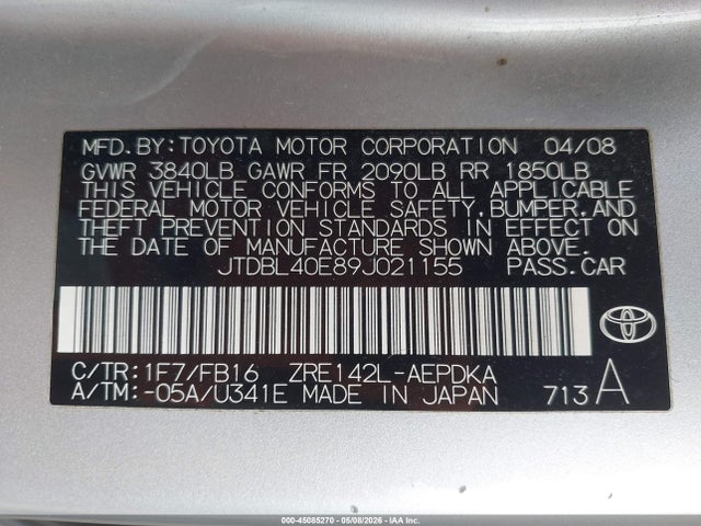 45085270 :رقم المزاد ، JTDBL40E89J021155 vin ، 2009 Toyota Corolla Le مزاد بيع