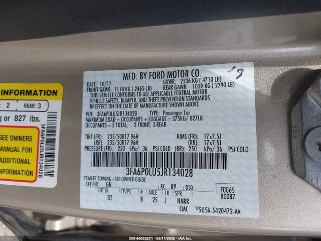 45085271 :رقم المزاد ، 3FA6P0LU5JR134028 vin ، 2018 Ford Fusion Hybrid Se مزاد بيع