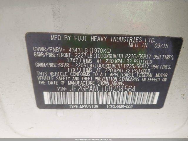 45085275 :رقم المزاد ، JF2GPANC1G8204564 vin ، 2016 Subaru Crosstrek 2.0i Limited مزاد بيع