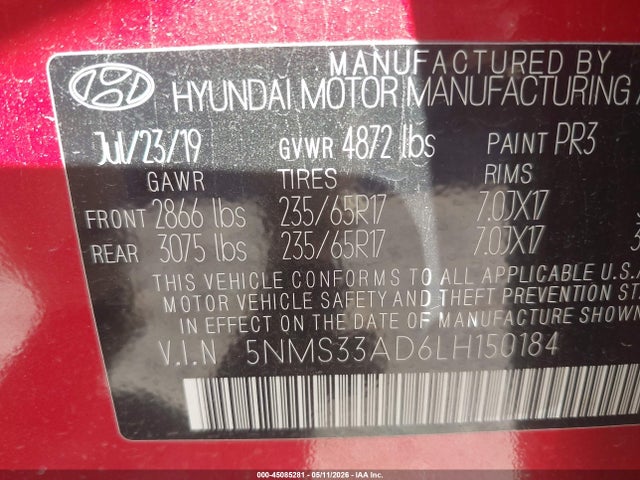 45085281 :رقم المزاد ، 5NMS33AD6LH150184 vin ، 2020 Hyundai Santa Fe Sel مزاد بيع