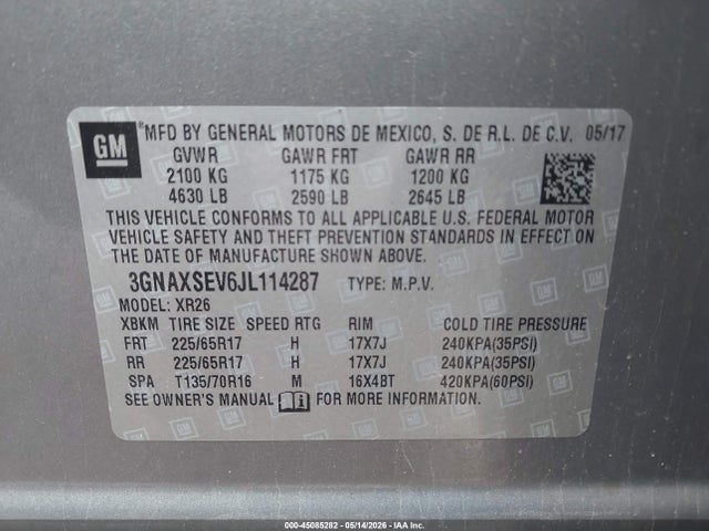 Aukcja sprzedaży 2018 Chevrolet Equinox Lt, vin: 3GNAXSEV6JL114287, numer aukcji: 45085282