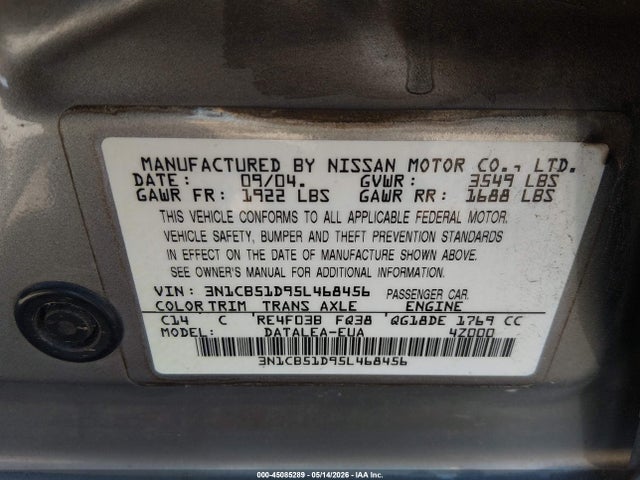 Продажа на аукционе авто 2005 Nissan Sentra 1.8s, vin: 3N1CB51D95L468456, номер лота: 45085289