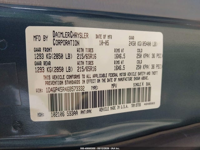 Aukcja sprzedaży 2006 Dodge Caravan Sxt, vin: 1D4GP45R46B573332, numer aukcji: 45085305