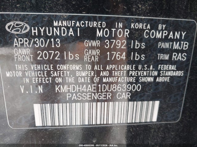 Продаж на аукціоні авто 2013 Hyundai Elantra Limited, vin: KMHDH4AE1DU863900, номер лоту: 45085306
