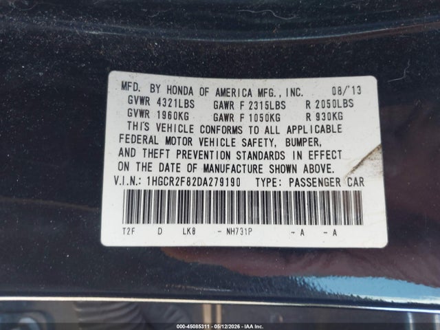 45085311 :رقم المزاد ، 1HGCR2F82DA279190 vin ، 2013 Honda Accord Ex-l مزاد بيع
