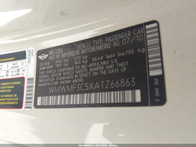 45085314 :رقم المزاد ، WMWMF3C5XATZ66863 vin ، 2010 Mini Cooper مزاد بيع