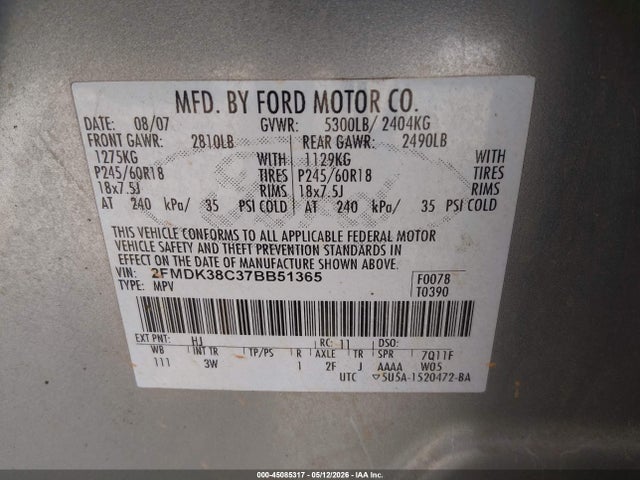 Aukcja sprzedaży 2007 Ford Edge Sel, vin: 2FMDK38C37BB51365, numer aukcji: 45085317