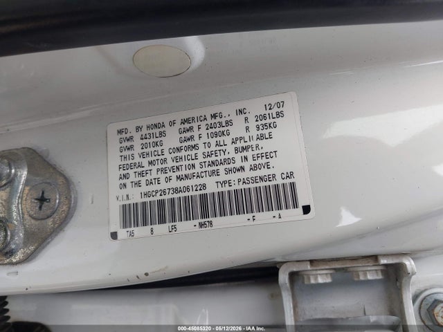 Продаж на аукціоні авто 2008 Honda Accord 2.4 Ex, vin: 1HGCP26738A061228, номер лоту: 45085320