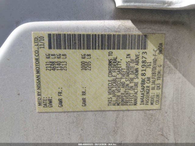 2011 Nissan Maxima 3.5 Sv მანქანა იყიდება აუქციონზე, vin: 1N4AA5AP8BC819873, აუქციონის ნომერი: 45085323