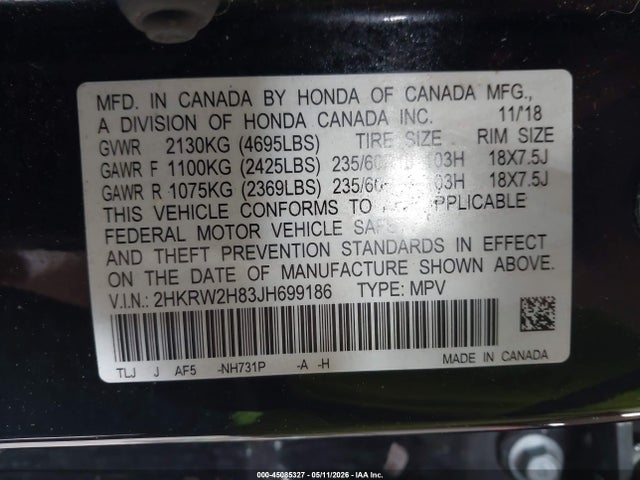 2018 Honda Cr-v Ex-l/ex-l Navi მანქანა იყიდება აუქციონზე, vin: 2HKRW2H83JH699186, აუქციონის ნომერი: 45085327