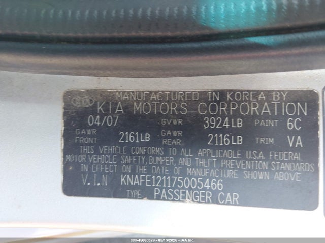 45085328 :رقم المزاد ، KNAFE121175005466 vin ، 2007 Kia Spectra Sx مزاد بيع