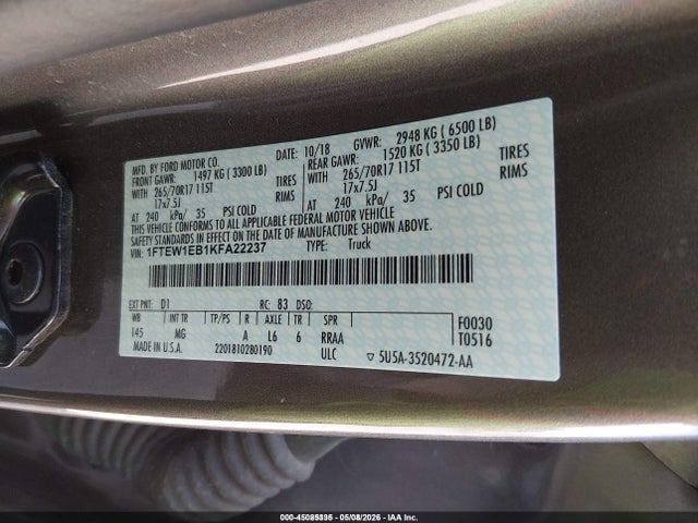 45085335 :رقم المزاد ، 1FTEW1EB1KFA22237 vin ، 2019 Ford F-150 Xlt مزاد بيع