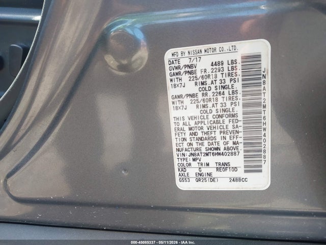 Aukcja sprzedaży 2017 Nissan Rogue Sl, vin: JN8AT2MT6HW402887, numer aukcji: 45085337