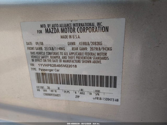 45085339 :رقم المزاد ، 1YVHP82B495M22018 vin ، 2009 Mazda Mazda6 S Grand Touring مزاد بيع