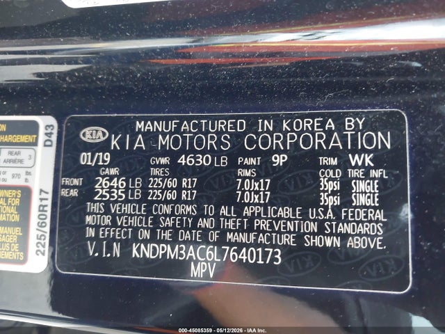 2020 Kia Sportage Lx მანქანა იყიდება აუქციონზე, vin: KNDPM3AC6L7640173, აუქციონის ნომერი: 45085359