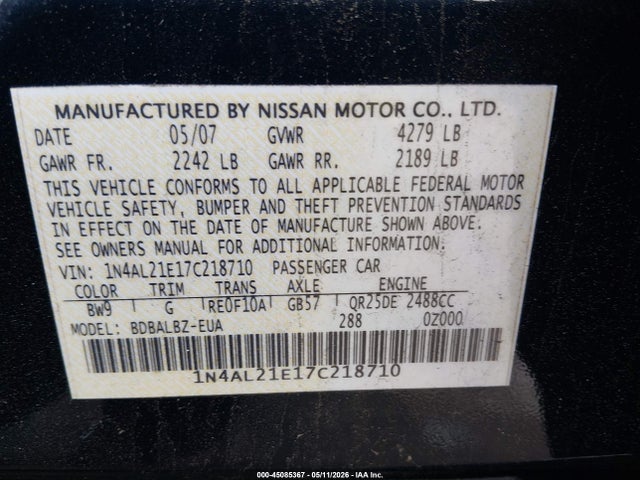 Aukcja sprzedaży 2007 Nissan Altima 2.5 S, vin: 1N4AL21E17C218710, numer aukcji: 45085367