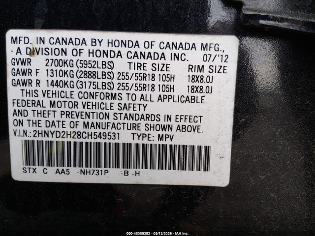 45085382 :رقم المزاد ، 2HNYD2H28CH549531 vin ، 2012 Acura Mdx مزاد بيع
