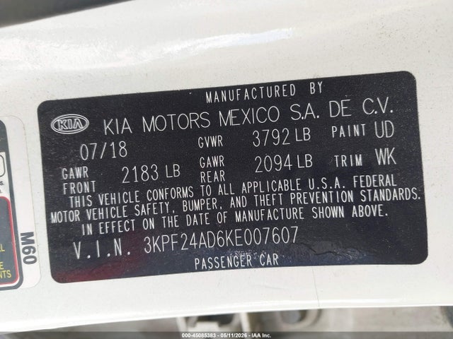Aukcja sprzedaży 2019 Kia Forte Fe, vin: 3KPF24AD6KE007607, numer aukcji: 45085383