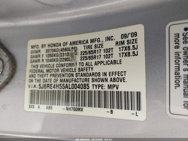 Продаж на аукціоні авто 2010 Honda Cr-v Ex, vin: 5J6RE4H55AL004085, номер лоту: 45085389