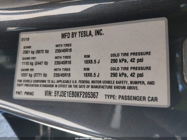 Tesla Model 3 Long Range/performance 2019 5YJ3E1EB0KF205367 Image 9