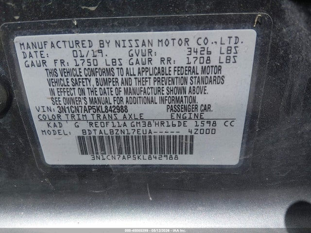 3N1CN7AP5KL842988 Nissan Versa 1.6 Sv