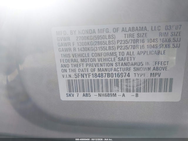 Продажа на аукционе авто 2007 Honda Pilot Ex, vin: 5FNYF18487B016974, номер лота: 45085400