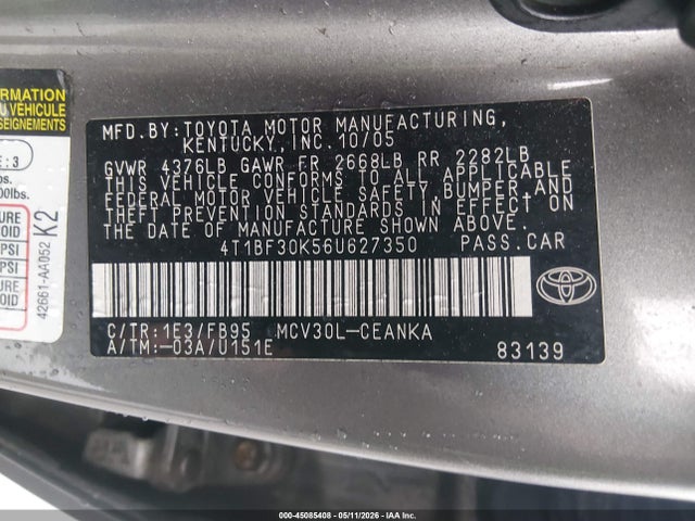 Aukcja sprzedaży 2006 Toyota Camry Le V6, vin: 4T1BF30K56U627350, numer aukcji: 45085408