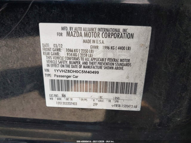 Продажа на аукционе авто 2012 Mazda Mazda6 I Touring, vin: 1YVHZ8DH0C5M40499, номер лота: 45085414