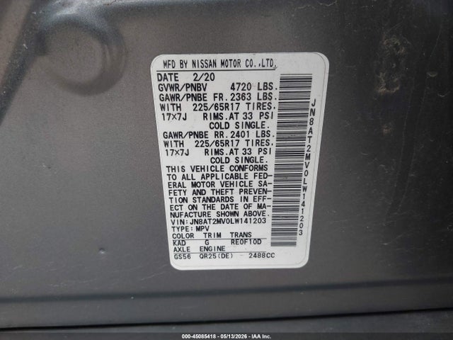 2020 Nissan Rogue Sv Intelligent Awd მანქანა იყიდება აუქციონზე, vin: JN8AT2MV0LW141203, აუქციონის ნომერი: 45085418