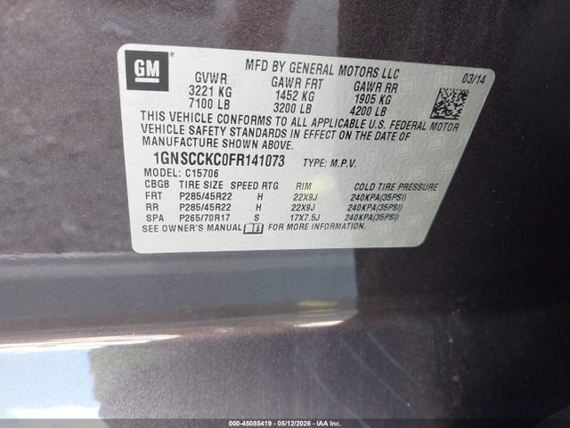 Продаж на аукціоні авто 2015 Chevrolet Tahoe Ltz, vin: 1GNSCCKC0FR141073, номер лоту: 45085419