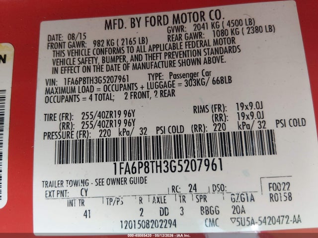 2016 Ford Mustang Ecoboost მანქანა იყიდება აუქციონზე, vin: 1FA6P8TH3G5207961, აუქციონის ნომერი: 45085420