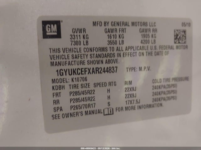 45085423 :رقم المزاد ، 1GYUKCEFXAR244837 vin ، 2010 Cadillac Escalade Premium مزاد بيع