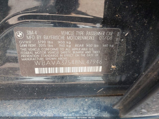 45085432 :رقم المزاد ، WBAVA37548NL47946 vin ، 2008 Bmw 328i مزاد بيع