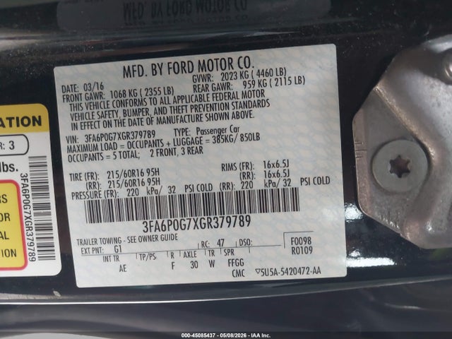 45085437 :رقم المزاد ، 3FA6P0G7XGR379789 vin ، 2016 Ford Fusion S مزاد بيع